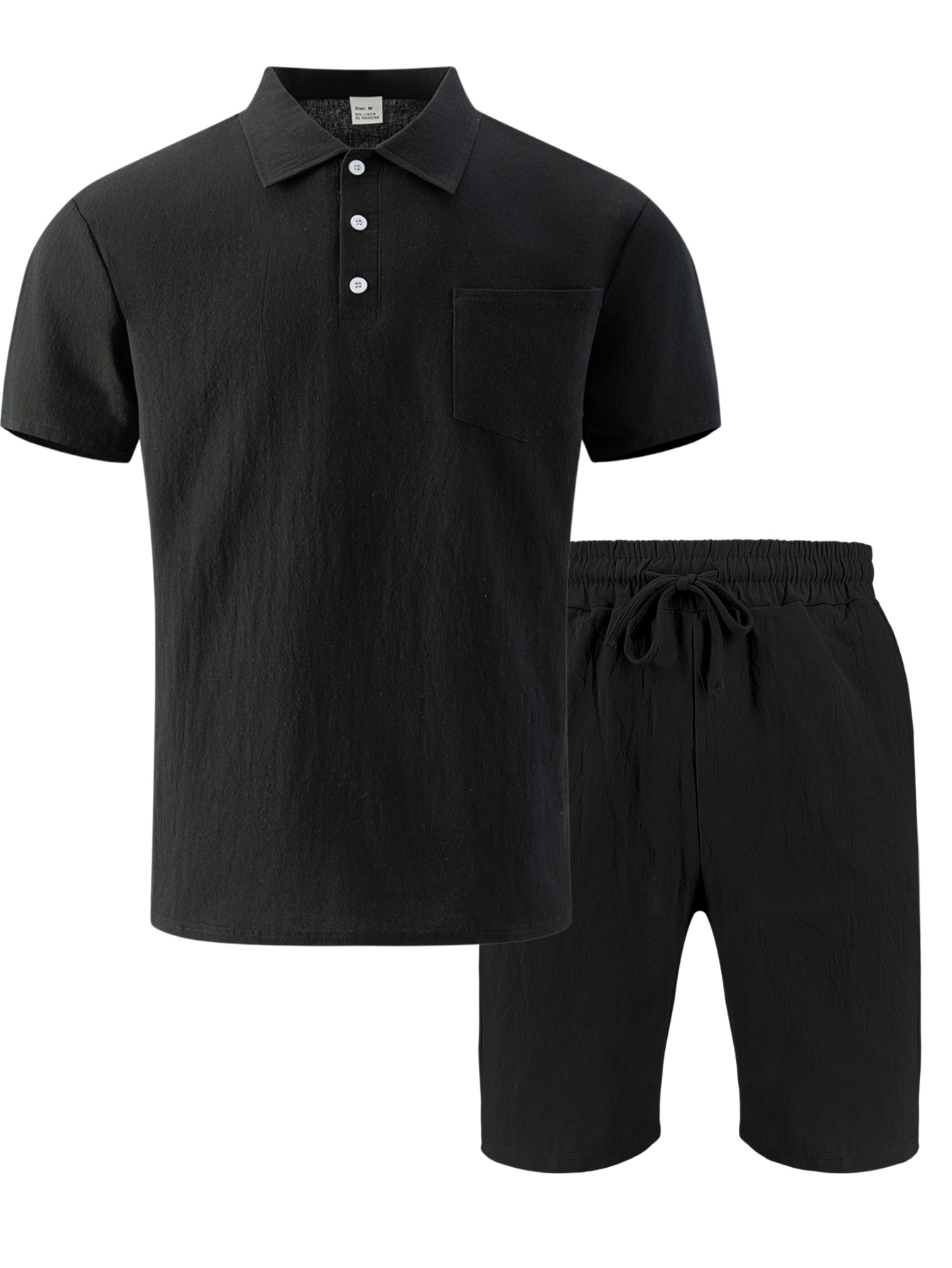 Short Linen Drawstring - Herenset van getextureerd linnen: poloshirt met