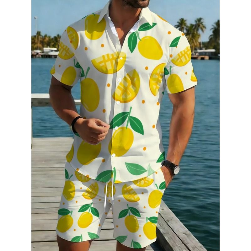 Short Linen Drawstring - Herenset van linnenprint, shirt met korte